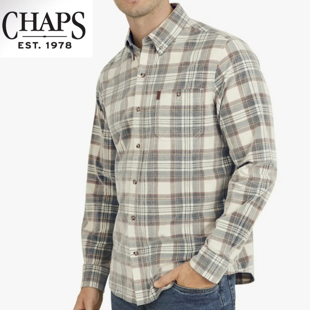 NWT Chaps Men's Large Corduroy Plaid Button Down Shirt - Cream and Blue